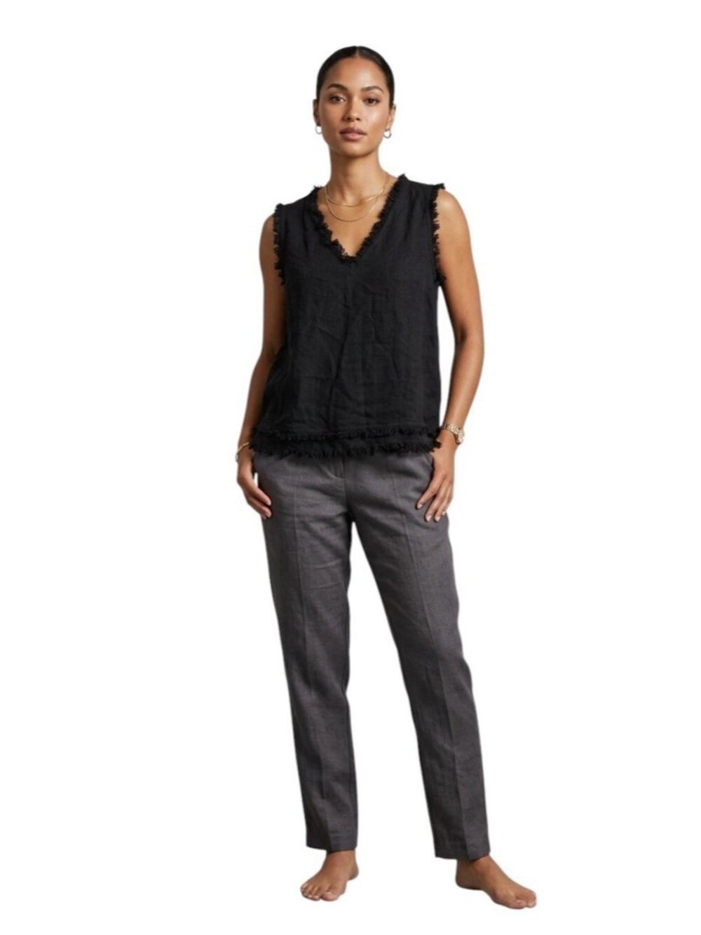 NWT La Miel Womens Size L Black Linen Blend Raw Edge Frayed Fringe V-Neck Tank - Picture 1 of 9